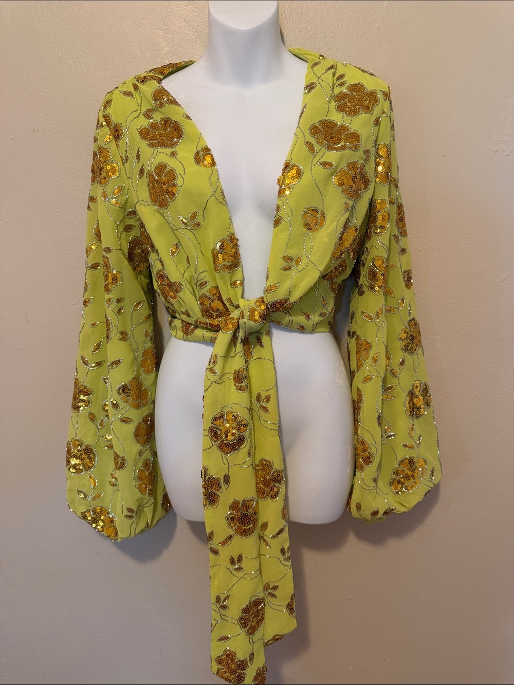 AKIRA Yellow Sequin Floral Tie-Front Blouse